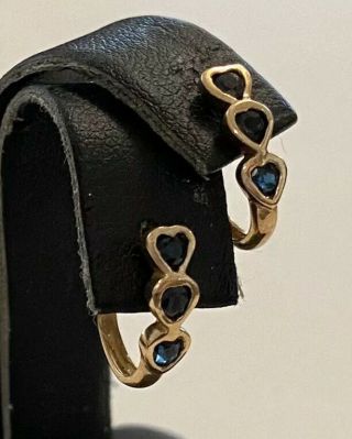 Vintage 10k Solid Yellow Gold Blue Sapphire Heart J Hoop Earrings