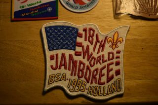 7 DIFFERENT PATCHES 18TH WORLD JAMBOREE HOLLAND PP,  BP,  AND US CONT BP,  LEATHER 2