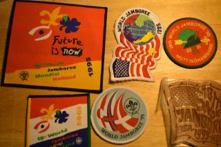 7 DIFFERENT PATCHES 18TH WORLD JAMBOREE HOLLAND PP,  BP,  AND US CONT BP,  LEATHER 3