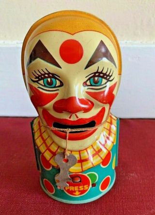 Vintage J.  Chein Tin Litho Clown Head Bank Mechanical Tongue Has Key