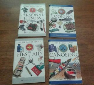 4 Boys Scouts Merit Badge Books - Cooking,  First Aid; Personal Fitness; Canoeing