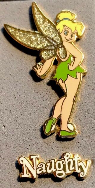 Disney Dlr 2001 Tinker Bell Naughty 2 Pin Set With Glitter Wings Pin