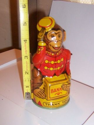 J Chein Tin Litho Organ Grinder Monkey Coin Bank Tipping Hat 1930s 3