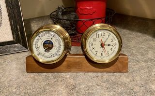 Vintage Airguide Nautical Style Quartz Clock & Barometer W/ Hardwood Base