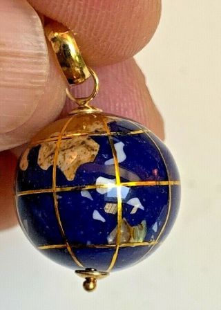 Vintage 14 Kt Gold Lapis Semi Precious Inlay Miniature World Globe Charm Pendant