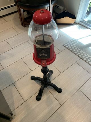 Vintage Red Carousel Gumball Machine & Black Cast Iron Floor Stand Base.