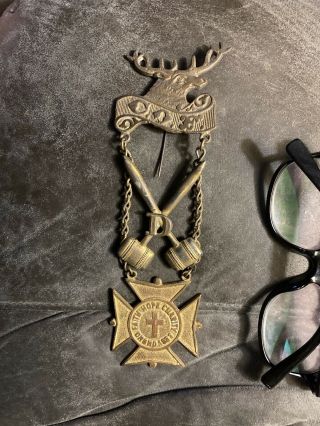 Antique 1883 Catholic Order Of Foresters Fraternal Medal Badge Pin Elk Top Cof