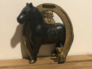 Antique Cast Iron Bank Good Luck Horseshoe Buster Brown & Tige