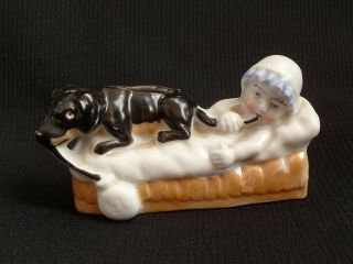 Antique Porcelain Piggy Bank Money Box Spardose Pacifying Baby W Dog 1900s Rare