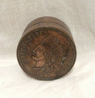 Vintage Indian Head Penny Coin Bank 1877 Embossed Metal Stack Copyright 1975