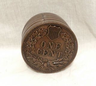 Vintage Indian Head Penny Coin Bank 1877 Embossed Metal Stack Copyright 1975 2