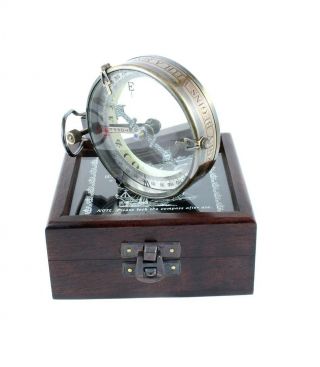 Calyron Spencer & Co London 3 Inch Brass Glass Nautical Compass With Wooden Case