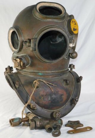 Antique Wwii Real Us Navy Schrader Copper Brass Mark V Deep Sea Diver Helmet 20 "