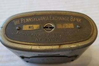 Vtg Metal COIN BANK:PENNSYLVANIA EXCHANGE BANK 8TH AVE NYC.  HAS COINS Advertising 3