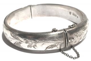 Vintage Js England Sterling Silver Etched Flower Pattern Bangle Bracelet