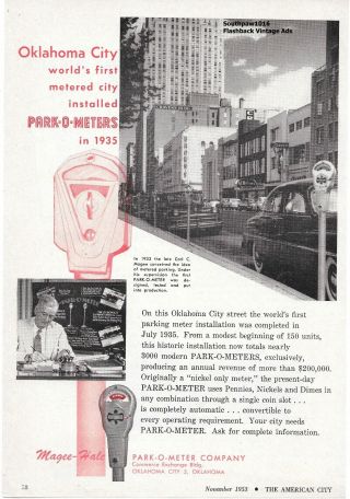 1953 Oklahoma City " Park - O - Meters  First City Parking Meters " Vintage Print Ad
