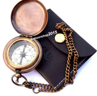 Nautical Sundial Compass With Leather Black Case And Chain Push Open Compass