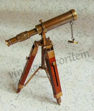 Nautical Vintage Decorative Solid Brass Telescope Antique With Wooden Stand