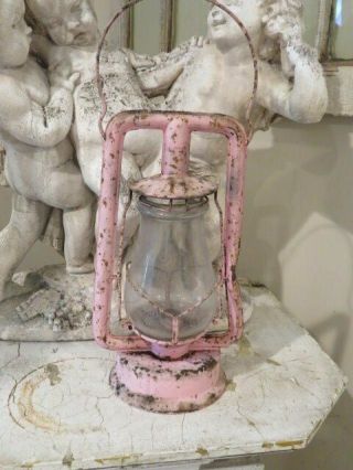 Fabulous Old Vintage Chippy Pink Painted Lantern Metal Glass Great Color Patina