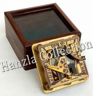 Antique Brass Sundial - Dollond London Square Pocket Compass With Glass Wood Box