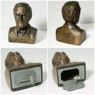 Vintage 1974 Banthrico Abraham Lincoln Metal Cast Bust Coin Saving Bank With Key