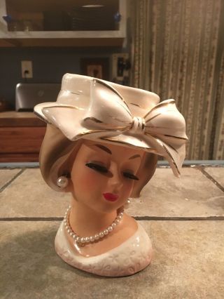 Vintage Enesco Lady Head Vase Headvase Big Hat And Bow 5”