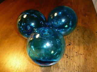 Vintage Hand Blown Glass Floats/balls/orbs - Set Of 3 Light Blue