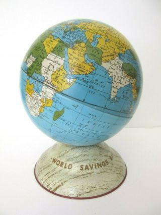 Vintage World Globe Savings Bank Coin Bank Metal Litho Tin 7 1/2 " High
