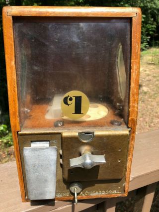 Antique Vintage Victor Baby Grand One 1cent Wood Gum Ball Wheel Vending Machine