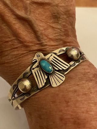 Vintage Old Pawn Fred Harvey Era Navajo Turquoise Thunderbird Sterling Silver Cu