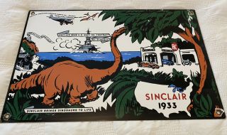 Vintage Sinclair Porcelain Gas Station Sign Pump Plate Motor Oil 1933 Dino H - C