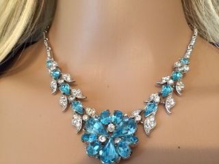 Vintage Bogoff Signed Aqua Blue Rhinestone Crystal Necklace