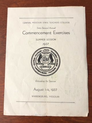 1937 Antique Central Missouri State Teachers College Commencement Pamphlet