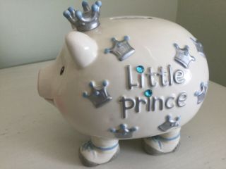 Mud Pie Little Prince Ceramic Blue & White & Silver Piggy Bank
