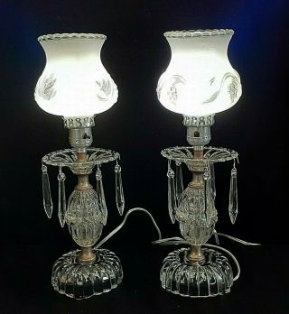 Vintage Clear Glass Boudoir Table Lamp Frosted Grape Embossed Shade Prisms 15 "