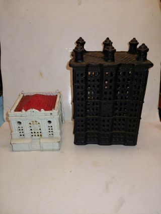 2 Vintage 30s Cast Iron Building Banks,  6 Turret Skyscraper,  Red And White " Bank "