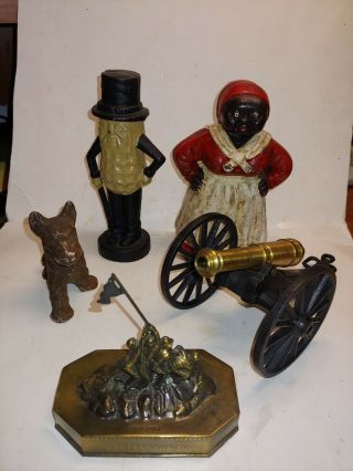 5 Vintage Cast Iron Metal Banks,  Cannon,  Dog,  Iwo Jima Washington D.  C.  Souvenir