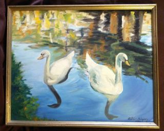 Vintage Artist Signed Swan Swans Oil Painting Lake Pond Landscape Art