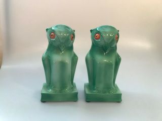 Vintage Retro Mid Century Modern Green Owl Bookends Figurines Art Deco Lines
