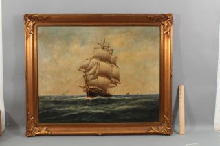 Antique Wesley Warren American Maritime Clipper Ship Seascape Oil Painting