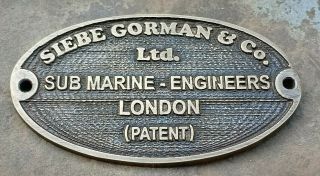 Vintage Solid Brass Siebe Gorman Sub Marine - Engineers Diving Helmet Name Plate