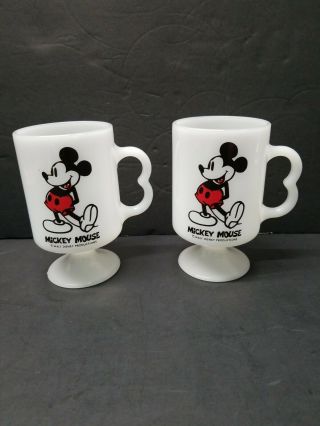 Vtg Walt Disney 2 Mickey Mouse Milk Glass Pedestal Footed Mug Cups Usa