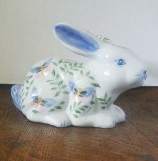 Sadek Blue Floral Butterfly Ceramic Bunny Rabbit Piggy Bank Andrea Vintage