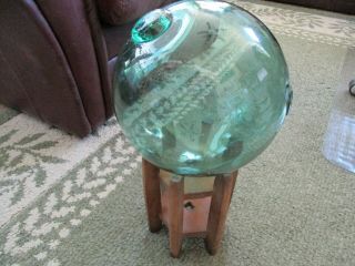 Japanese Glass Fishing Float 9 " D Aqua,  Wooden Stand - 17 1/2 " Tall Total Ht
