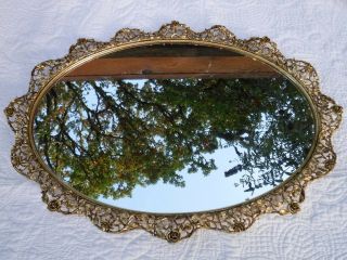 Large 20 " Vintage Matson Gold Ormolu Filigree Rose Mirror Vanity Tray