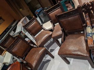 Old Italian Style Wood And Leather Chairs