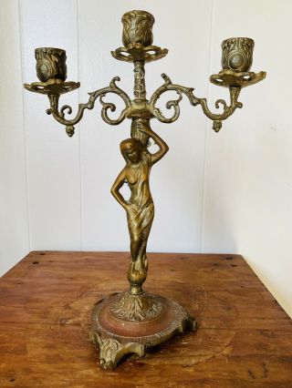 Vintage Brass Bronze Figural Candelabra Art Nouveau Deco Lady Candlesticks 2
