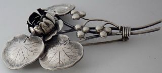 VINTAGE ART DECO HAND WROUGHT STERLING SILVER WATER LILY PAD & FLOWER BROOCH 3