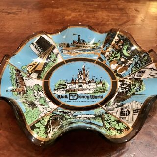 Vintage Walt Disney World Scalloped Candy Dish,  Plate Ashtray,  Glass 1970 