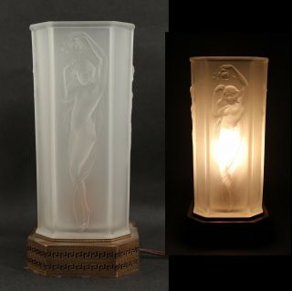 1920s Antique Tiffin Glass Art Deco Nude Frosted Glass Electric Table Lamp Nr